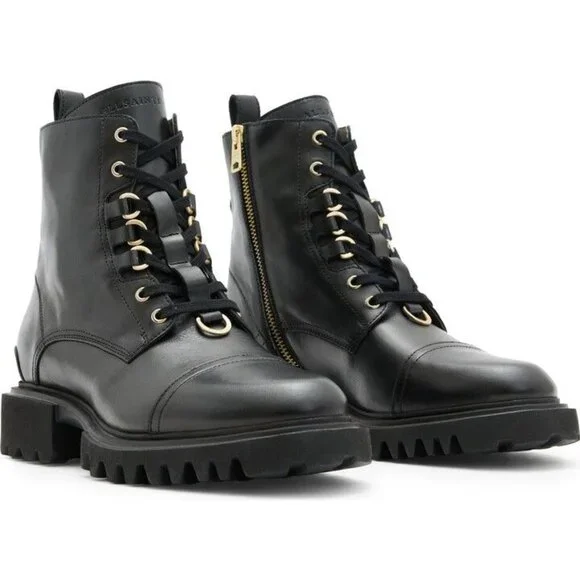 🆕 ALL SAINTS Lydia Ankle Moto Combat Boot 8 Black - Picture 1 of 14